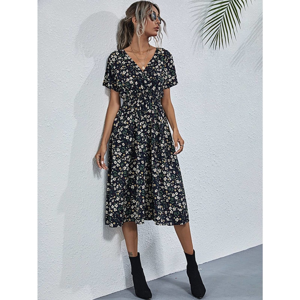 boho yellow Floral Shirred Wrap midi Dress - Picture 8 of 10